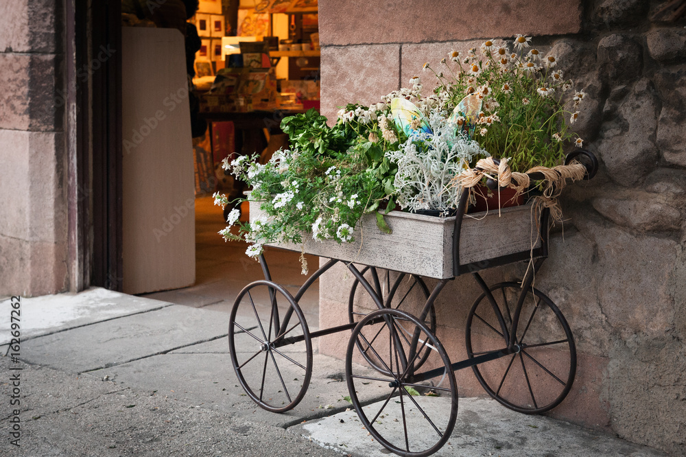 Flowers in box, mounted on iron wheels, staying as decoration of shop entrance