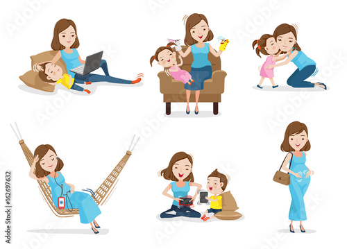 Motherhood Mother and son or daughter Have fun together with mother, Woman gave birth and pregnancy. Concept of motherhood Vector illustrations