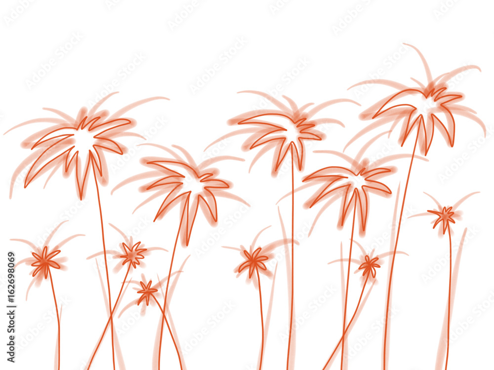 Colorful hand drawn abstract transparent silhouette of orange palms on the white background, isolated illustration painted by pen, high quality