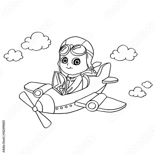 Little boy flying in a toy plane coloring page vector
