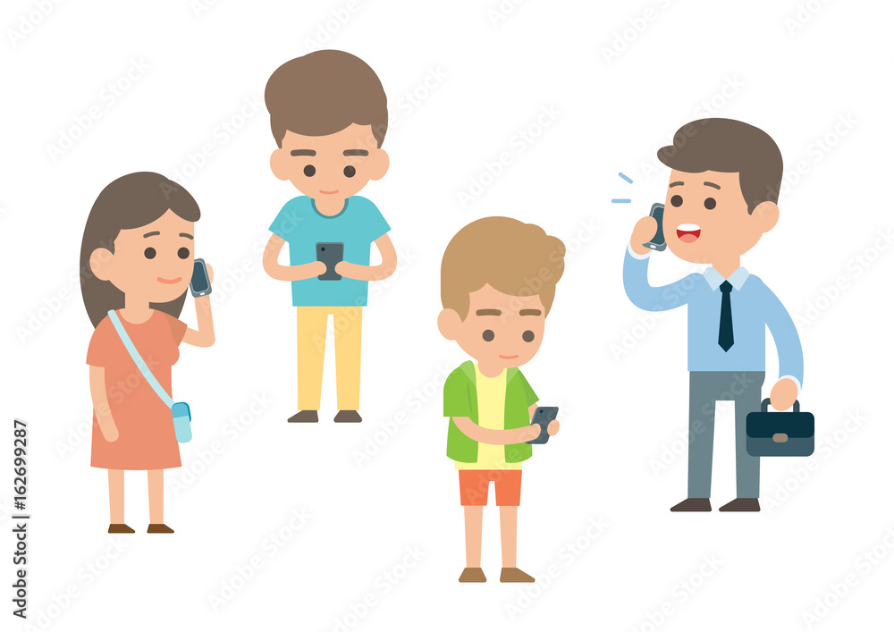 Happy people using smartphone, gadget concept, vector flat illustration. Happy people using smartphone, gadget concept, vector flat illustration.