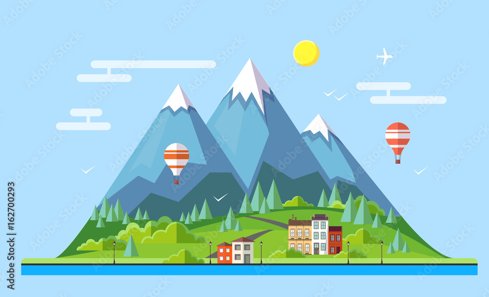 Flat style design of countryside mountains landscape. Vector icon set