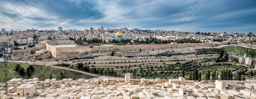 Panoramic view of Jerusalem with Dome of the rock and Temple Mount from Mount of Olives, Israel