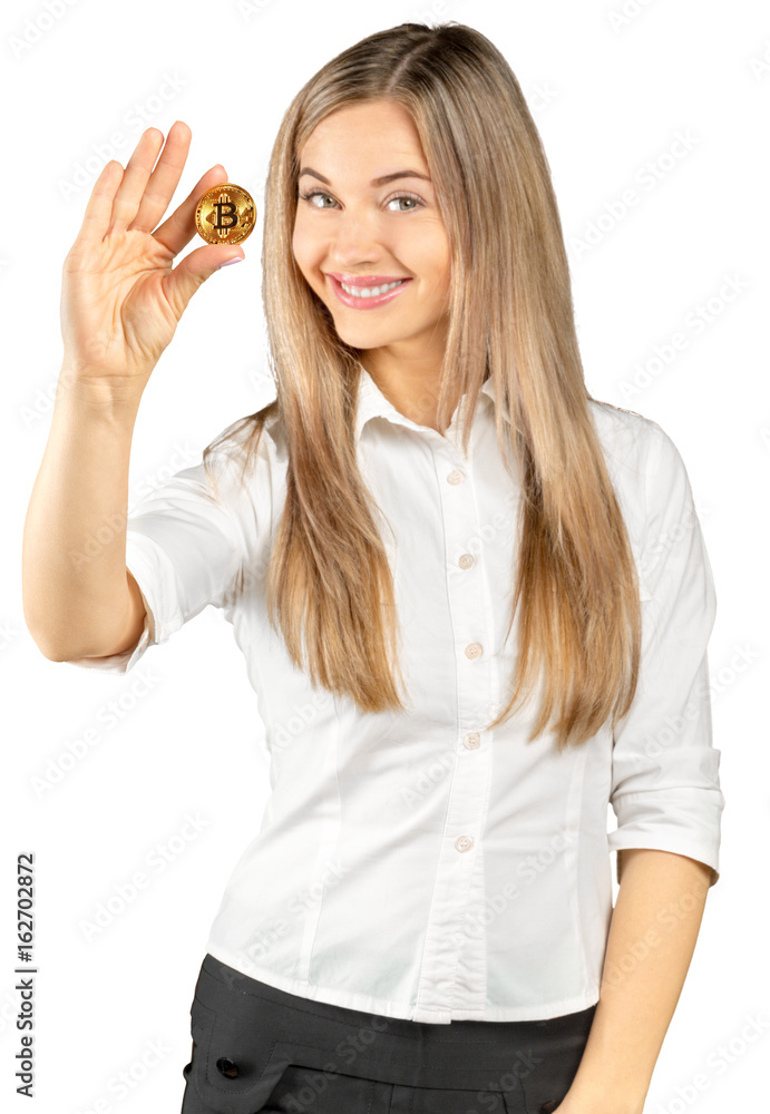 woman holding a Golden Bitcoin. virtual money. woman holding a Golden Bitcoin. virtual money.