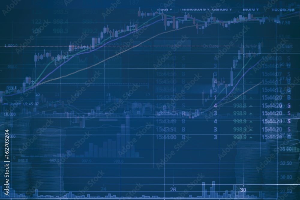 Abstract financial stock numbers chart with graph and stack of coins in Double exposure style background Abstract financial stock numbers chart with graph and stack of coins in Double exposure style background