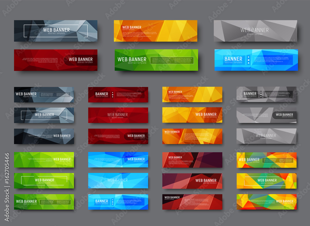 Set of horizontal web banners with multicolored polygonal abstract background