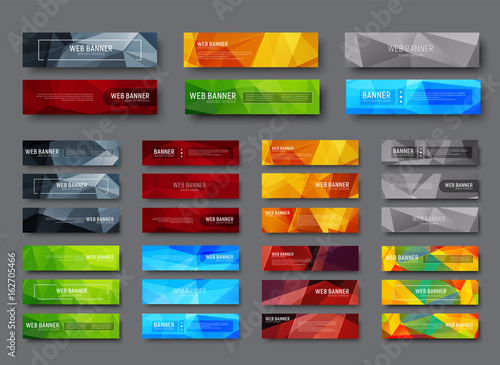 Set of horizontal web banners with multicolored polygonal abstract background