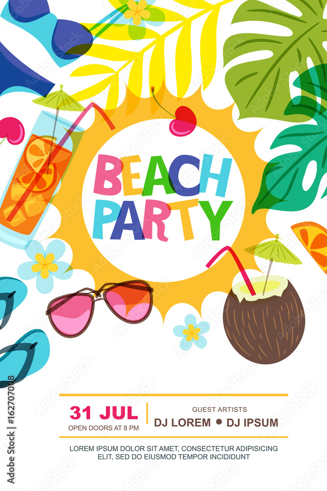 Beach party vector summer poster design template. Sun, palm leaves and cocktails doodle illustration. Concept for banner, flyer, invitation, summer holiday backgrounds.