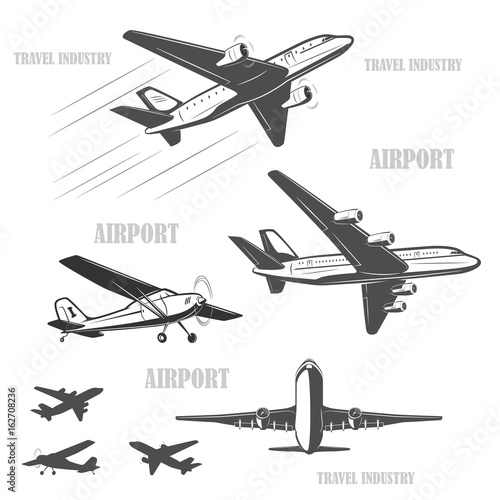 
The silhouette of a passenger airplane in a flight. From different angles.  vintage, small aircraft. For advertising and design.
