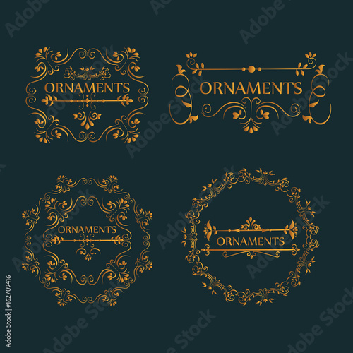 Golden ornaments sign with beautiful ornamental frames over dark background vector illustration