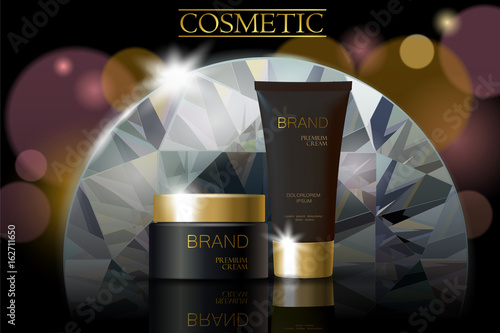 Black diamond cosmetic ad design template. Dark golden skin care package chrystal tube glass reflection. Purple blurry defocuced background promotional banner vector illustration
