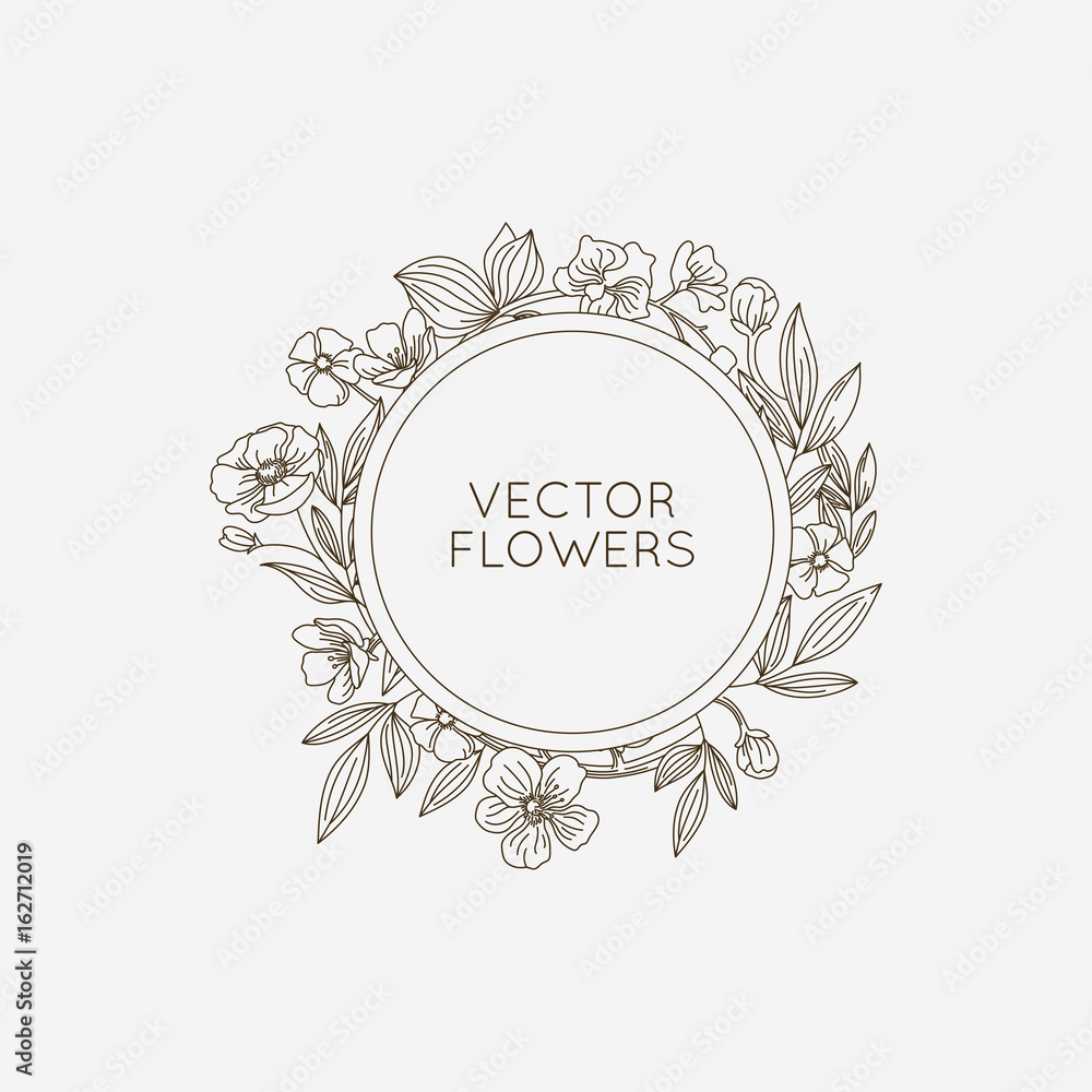 Vector round floral frame and background with copy space for text in trendy linear style