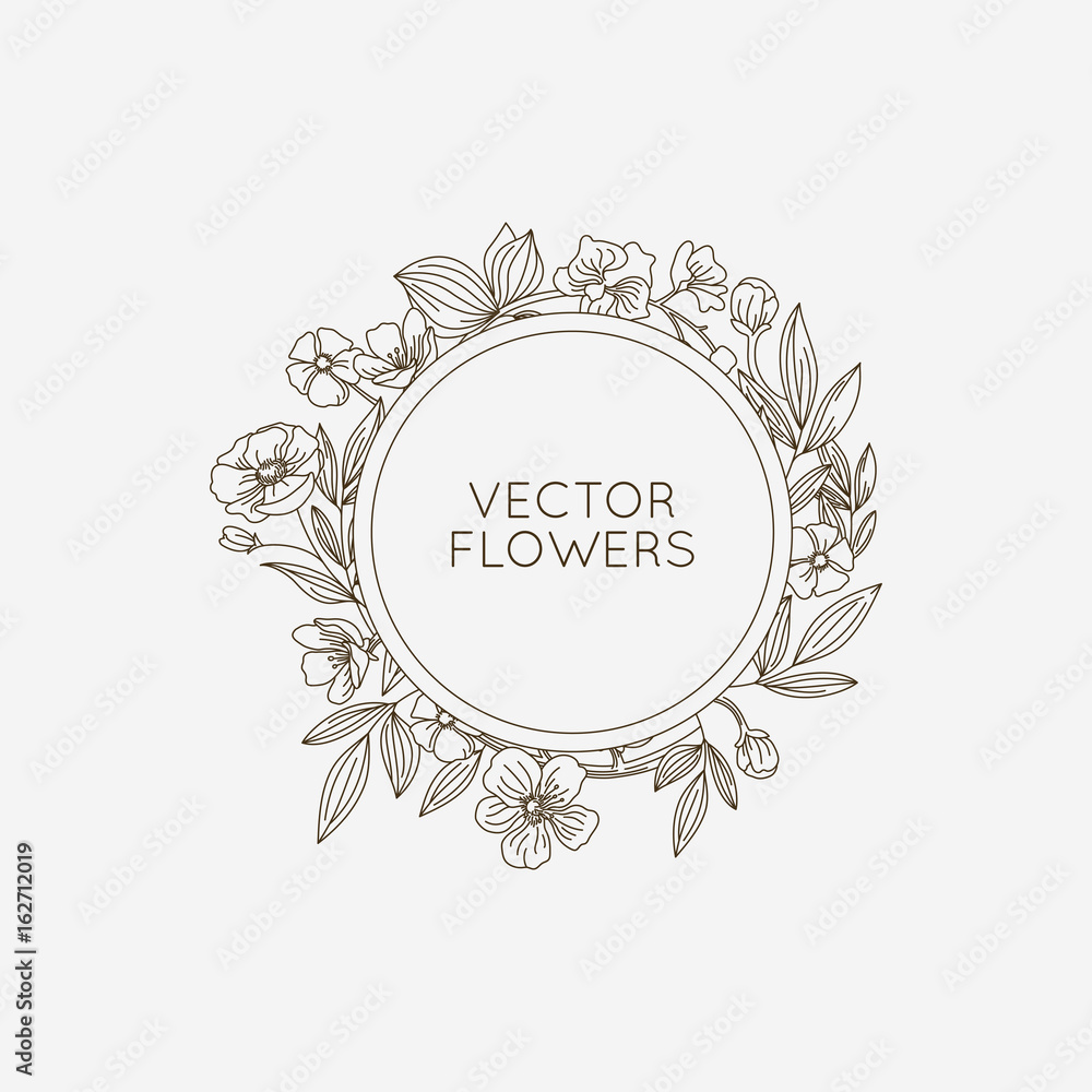 Vector round floral frame and background with copy space for text in trendy linear style Vector round floral frame and background with copy space for text in trendy linear style