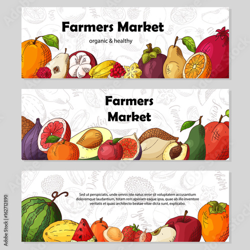 Set of organic fruits cards. Hand drawn sketch elements. Banner collection template. Farm company. Vector illustration for poster