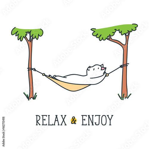 Relax and enjoy. Doodle vector illustration of funny white cat relaxing in a hammock