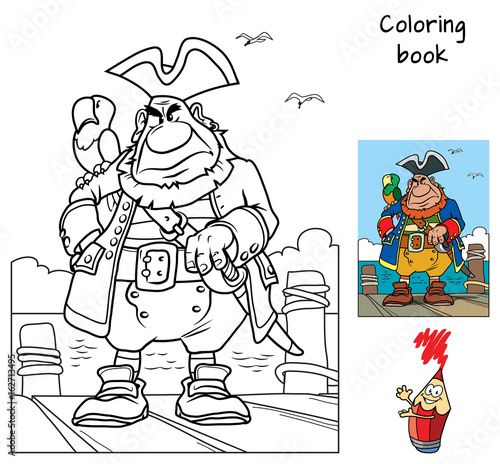 Pirate captain with a parrot is on the dock. Coloring book. Cartoon vector illustration