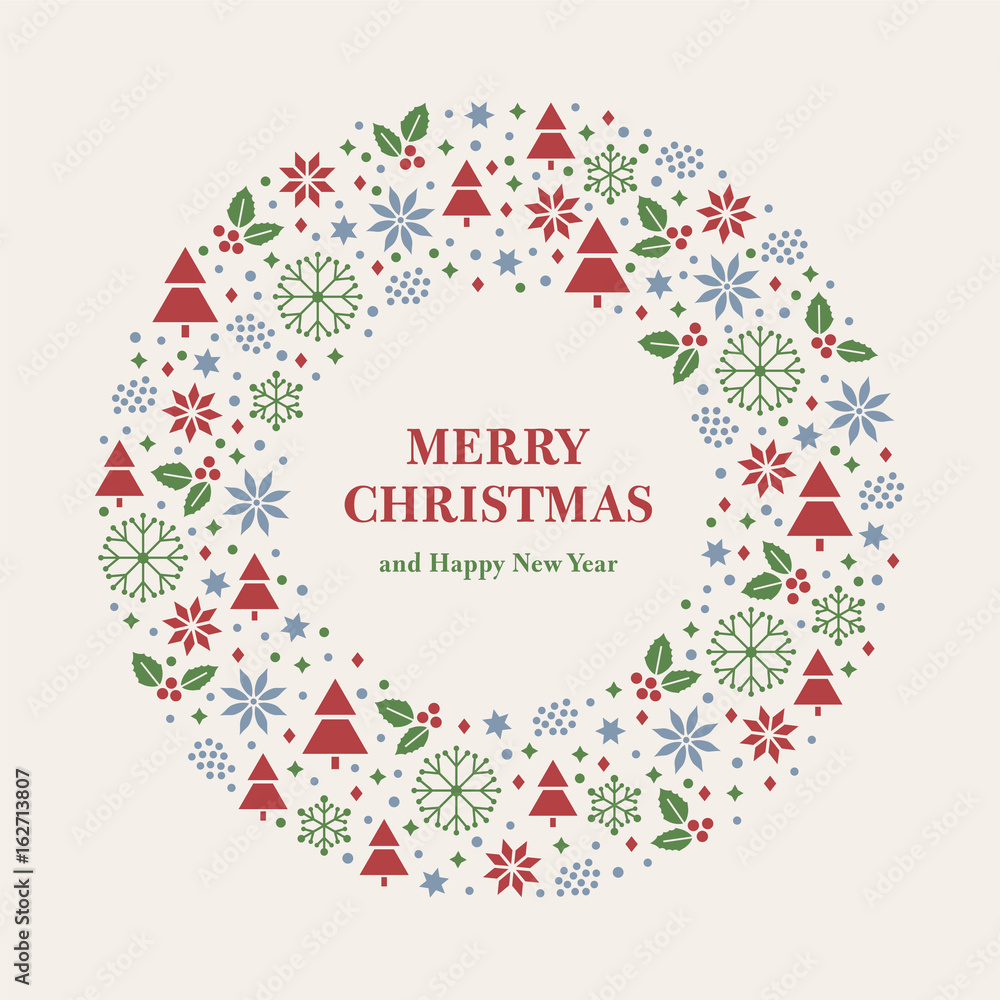 Merry Christmas and Happy New Year greeting card. Merry Christmas wreath consisting of flat Icons. Vector