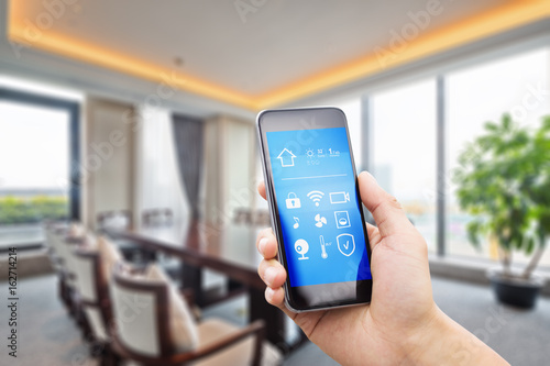 mobile phone with modern meeting room