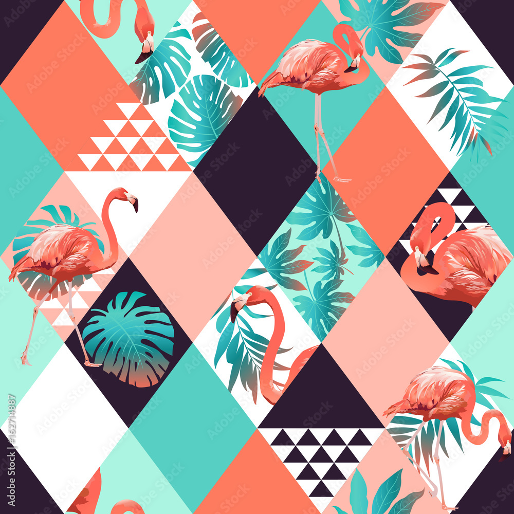 Naklejka premium Egzotyczne plaży modny wzór, patchwork ilustrowany kwiatowy wektor tropikalnych liści bananowca. Jungle pink flamingos Tapeta w tle mozaika do druku