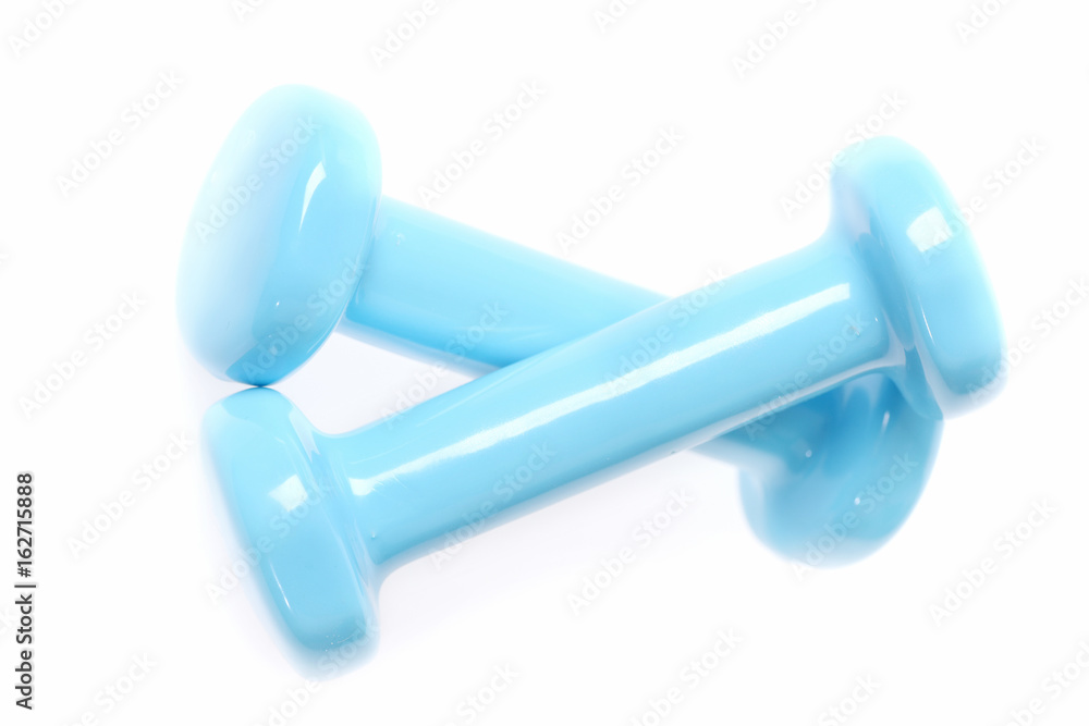 Crossed cyan dumbbells isolated on white background Crossed cyan dumbbells isolated on white background