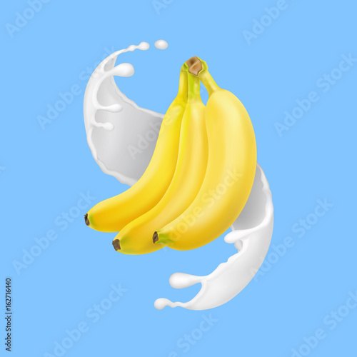 Banana in milk splash or yogurt. Realistic illustration vector