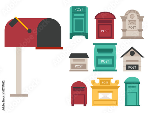 Beautiful rural curbside open and closed postal mailboxes with semaphore flag postbox vector illustration