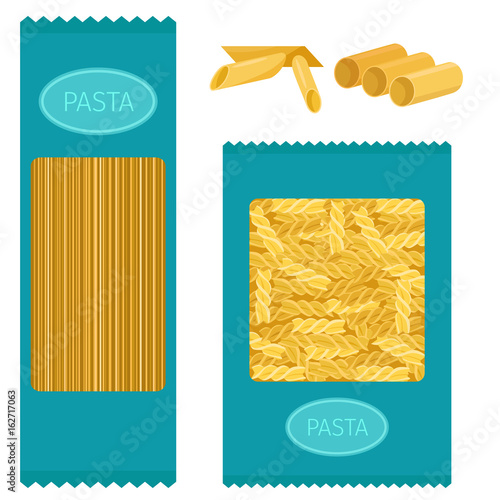 Different types of pasta whole wheat corn rice noodles organic food macaroni yellow nutrition dinner products vector illustration