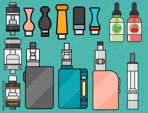 Vape device vector set cigarette vaporizer vapor juice bottle flavor illustration battery coil.