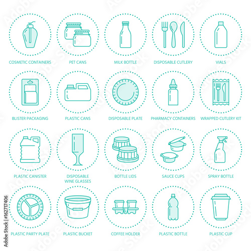 Plastic packaging, disposable tableware line icons. Product packs, container, bottle, packet, canister, plates and cutlery. Container thin linear signs for shop or synthetic material goods production.