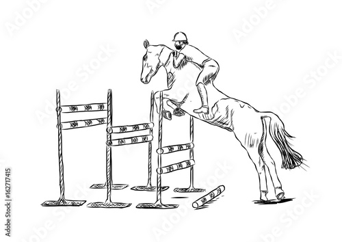 Sketch of Man rider on bay horse jumping in vector.