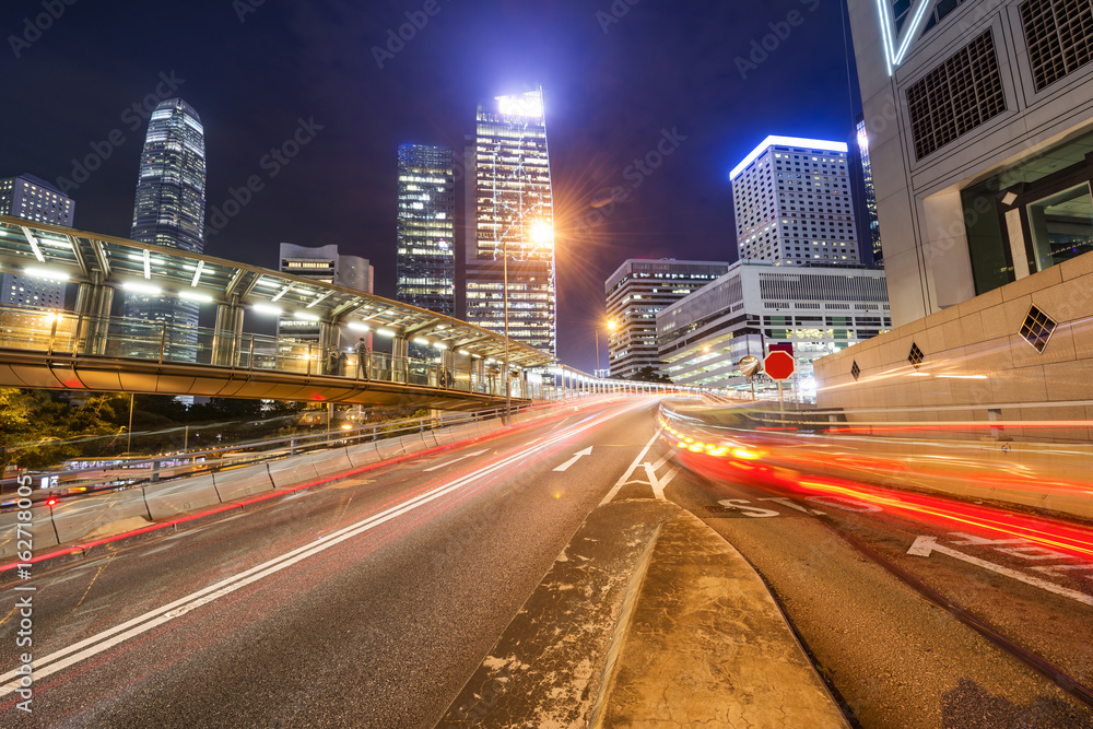 Modern city at night, Hong Kong, China.