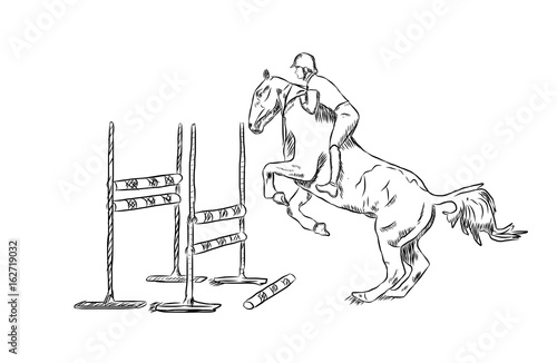 Sketch of Man rider on bay horse jumping in vector.