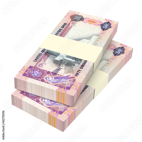 United Arab Emirates dirhams bills isolated on white background. 3D illustration.