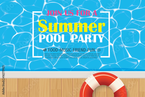 Pool party invitation poster with blue water. Vector summer background.