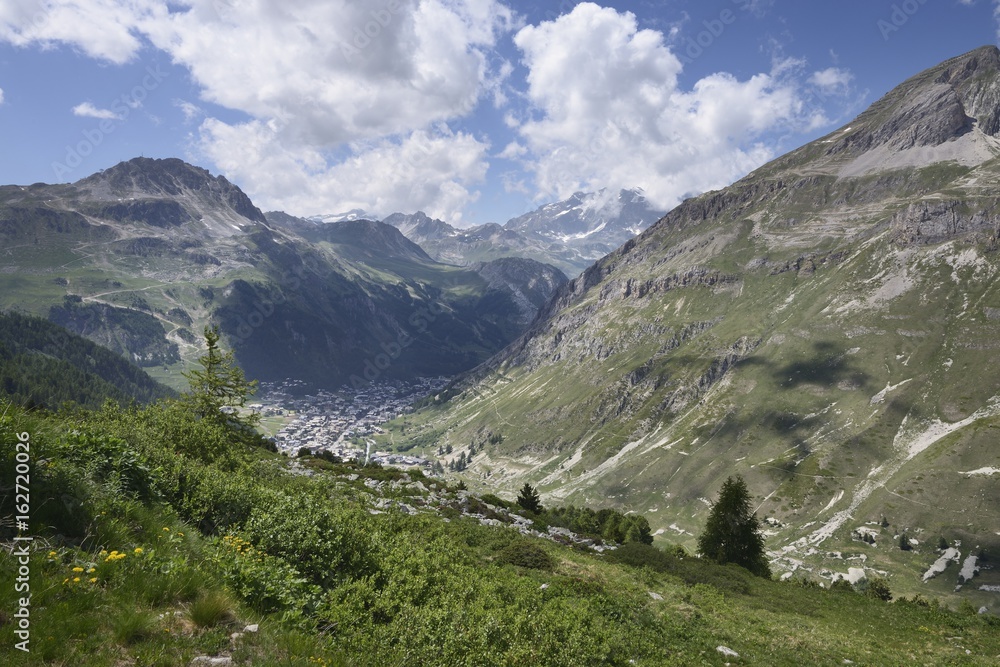 View of the villages Val-d'Isère and the Mont Pourri in the tarentaise valley from the Iseran, Savoy, France 