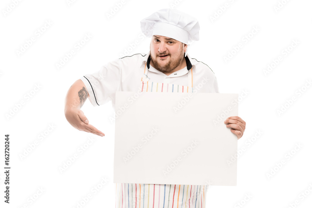 portrait of chef pointing at blank banner in hand isolated on white portrait of chef pointing at blank banner in hand isolated on white