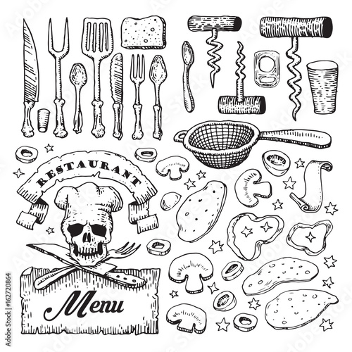 Vector illustrated set of various pizza ingredients and kitchen utensils