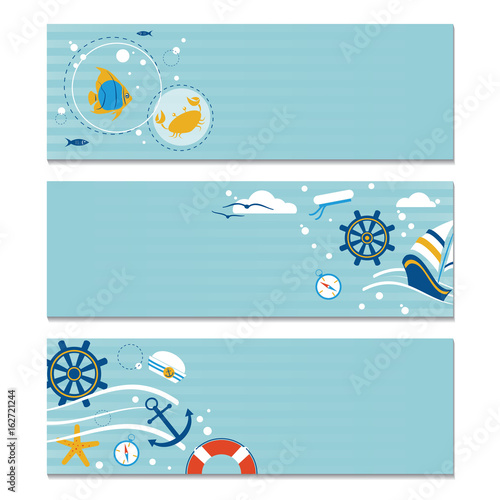Vector set of three horizontal marine banners. Place for the text.
 Blue background