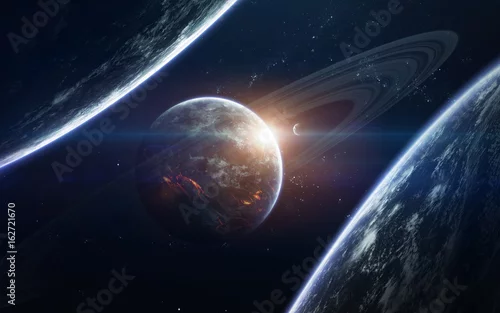 Obraz Tapeta kosmiczna science fiction, niewiarygodnie piękne planety, galaktyki, ciemne i zimne piękno nieskończonego wszechświata. Elementy tego obrazu dostarczone przez NASA