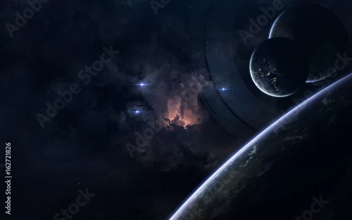 Obraz Tapeta kosmiczna science fiction, niewiarygodnie piękne planety, galaktyki, ciemne i zimne piękno nieskończonego wszechświata. Elementy tego obrazu dostarczone przez NASA