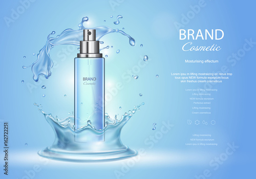 Ice toner ads with blue water splash. Spray bottle and fresh sparkling drops, realistic 3d vector illustration, cosmetics product