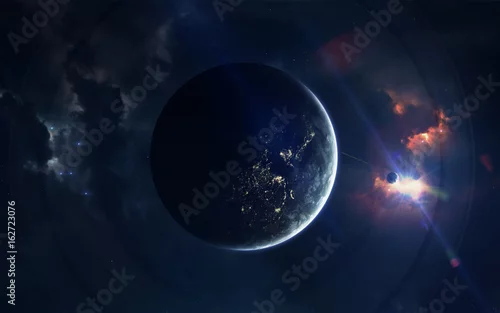 Obraz Tapeta kosmiczna science fiction, niewiarygodnie piękne planety, galaktyki, ciemne i zimne piękno nieskończonego wszechświata. Elementy tego obrazu dostarczone przez NASA