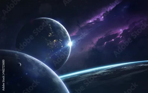 Obraz Tapeta kosmiczna science fiction, niewiarygodnie piękne planety, galaktyki, ciemne i zimne piękno nieskończonego wszechświata. Elementy tego obrazu dostarczone przez NASA