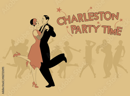 Elegant couple wearing 20's style clothes dancing charleston. Group of dancers in the background. Aged style poster.