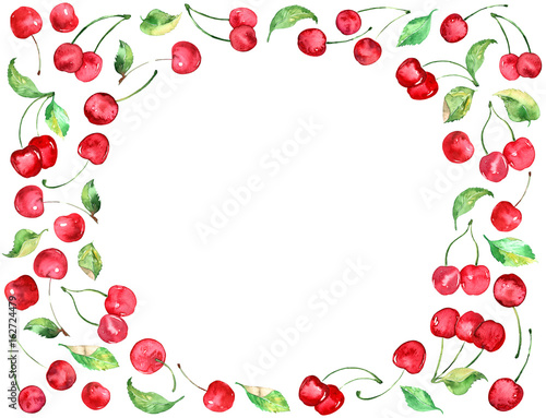 Watercolor Cherries fruit background, frame