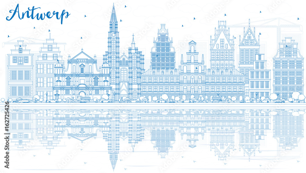 Outline Antwerp Skyline with Blue Buildings and Reflections.