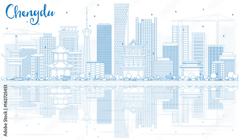 Outline Chengdu Skyline with Blue Buildings and Reflections.
