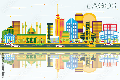Lagos Skyline with Color Buildings, Blue Sky and Reflections.