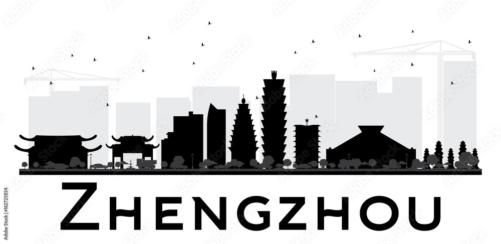 Zhengzhou City skyline black and white silhouette.