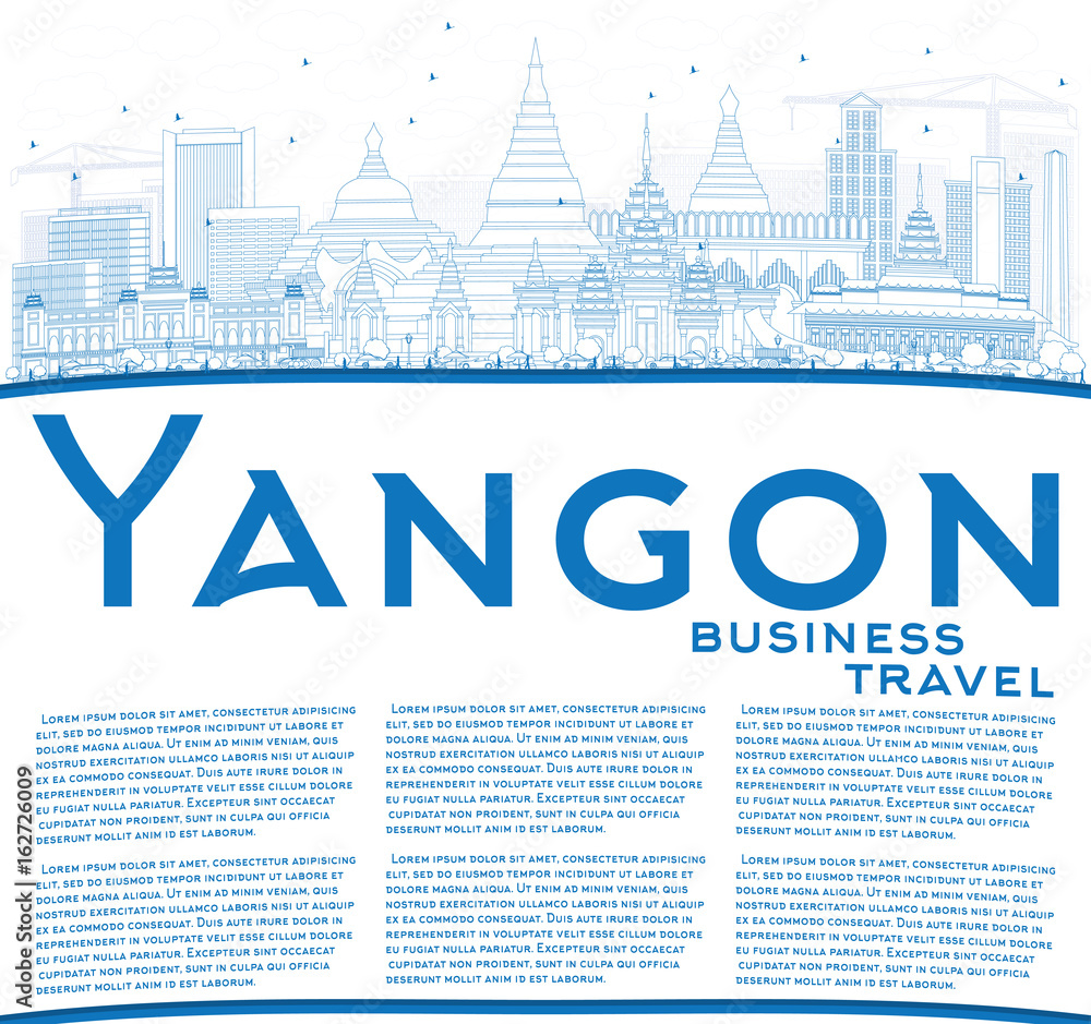 Outline Yangon Skyline with Blue Buildings and Copy Space.